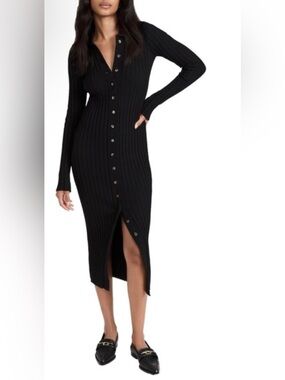 Capuffy buttons down front long sleeves am turn-down collar black knit dress 12